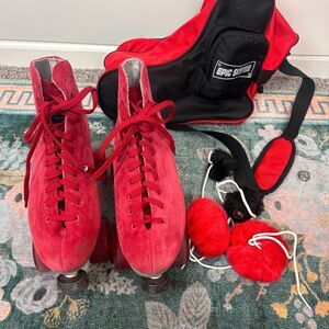 Sure-Grip Roller Skates Women 10 Red Boardwalk Suede Lace Up Block Heel Bag Bell